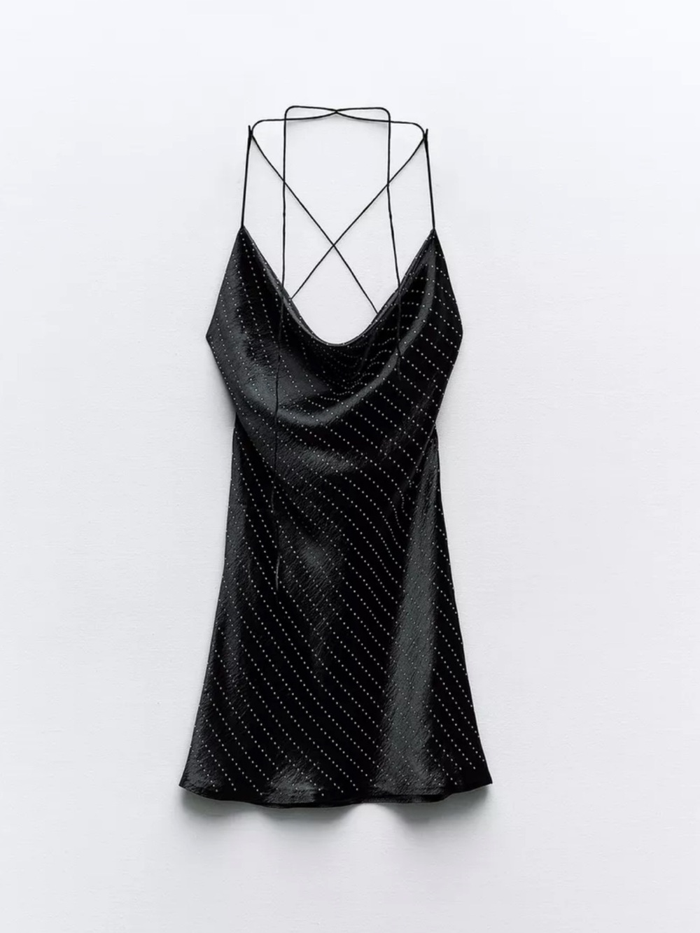 Zara Black Strappy Cowl Mini Dress with Subtle Dotted Shine